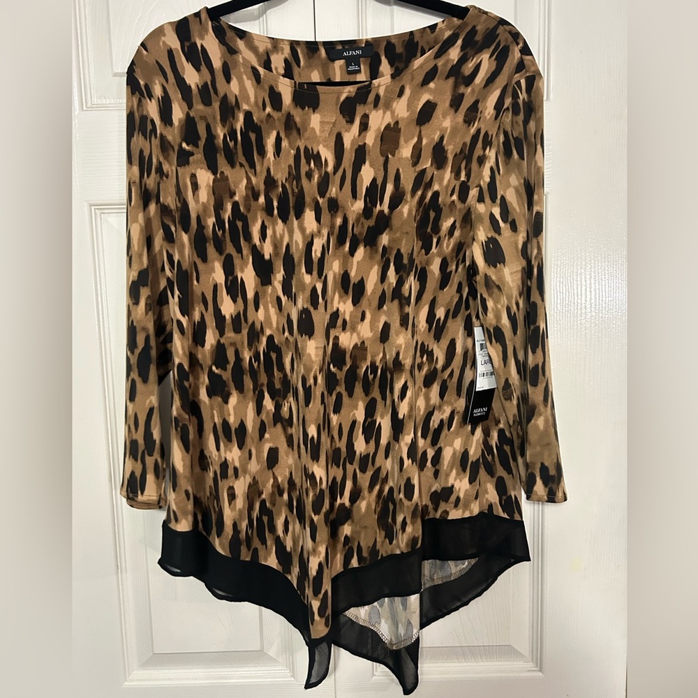 NWT, Alfani, Leopard Print Long Sleeve Blouse with Sheer Black Trim